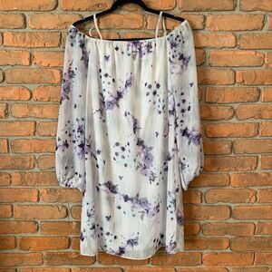 White‎ House Black Market Floral Dress Small White Purple Off-Shoulder Floral
